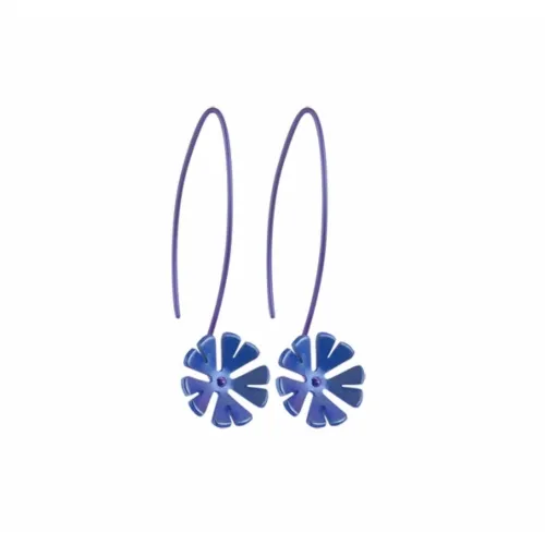 Large Ten Petal Dark Blue Flower Hook Drop Earrings